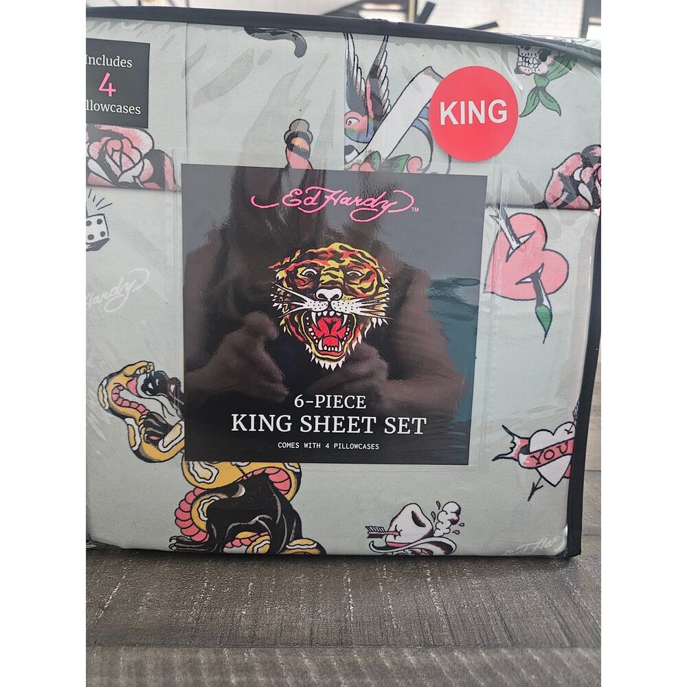 Ed Hardy 6 piece king sheet set jaguar snake sage green skull heart dice NIP